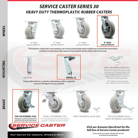 Service Caster 8 Inch Thermoplastic Rubber Swivel Caster Set with Ball Bearings and Brakes SCC SCC-30CS820-TPRBD-TLB-4